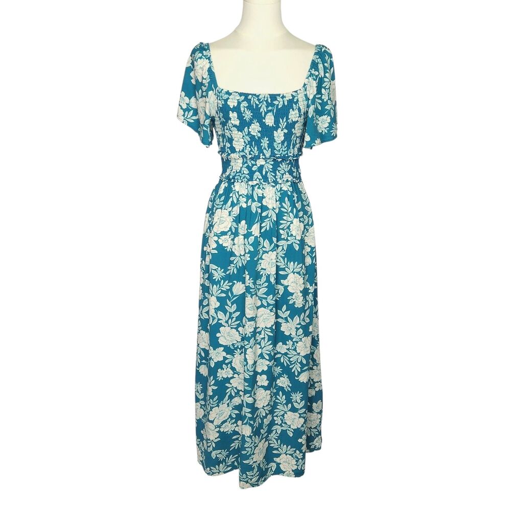 Patrons of Peace Smocked Maxi Dress Small Teal Floral Lace Up Back Cottagecore